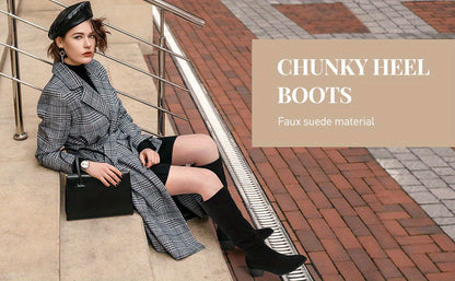 Womens Faux Suede Knee High Side Zipper Chunky Heel Stretch Winter Boots Pointed Toe Side Zipper Boots