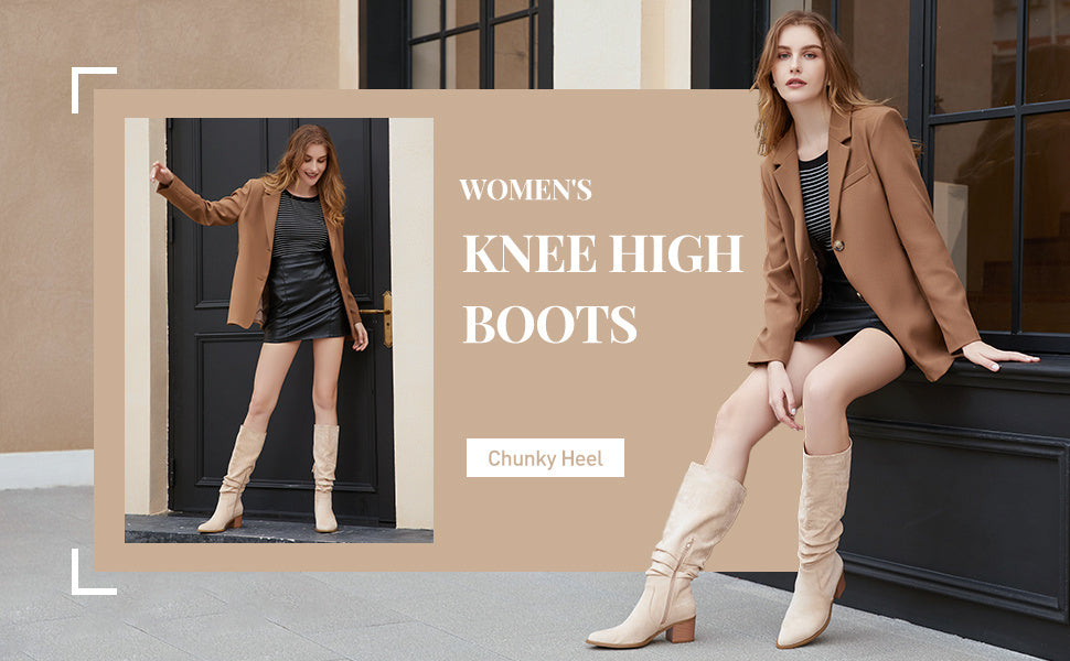 Womens Faux Suede Knee High Side Zipper Chunky Heel Stretch Winter Boots Pointed Toe Side Zipper Boots