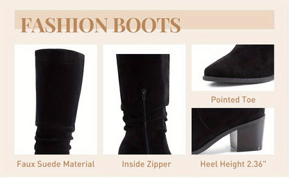 Womens Faux Suede Knee High Side Zipper Chunky Heel Stretch Winter Boots Pointed Toe Side Zipper Boots