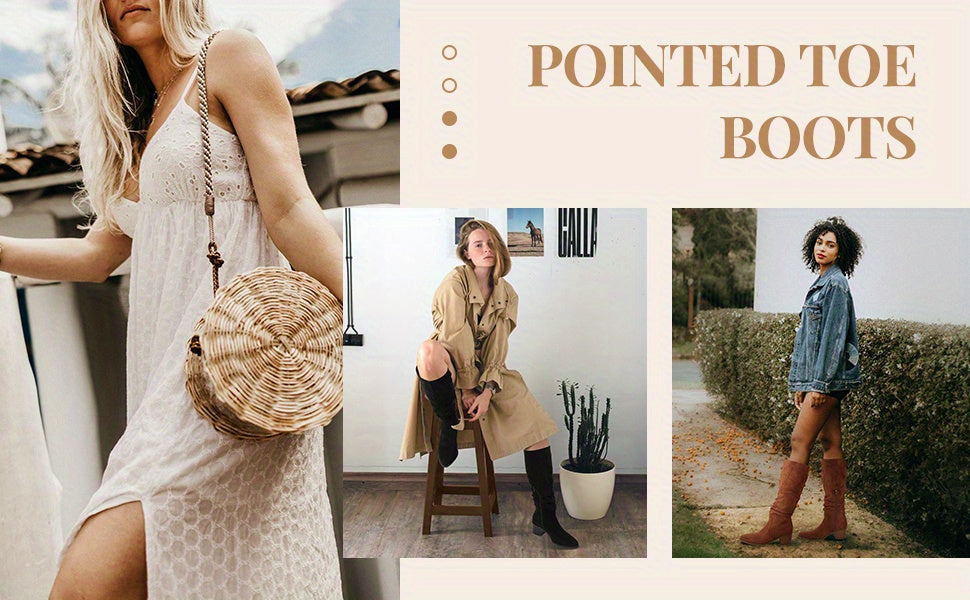 Womens Faux Suede Knee High Side Zipper Chunky Heel Stretch Winter Boots Pointed Toe Side Zipper Boots