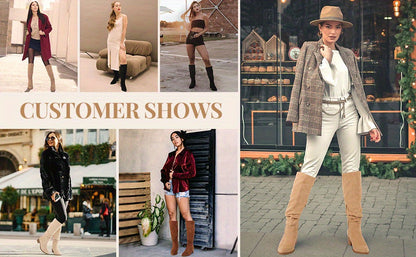 Womens Faux Suede Knee High Side Zipper Chunky Heel Stretch Winter Boots Pointed Toe Side Zipper Boots