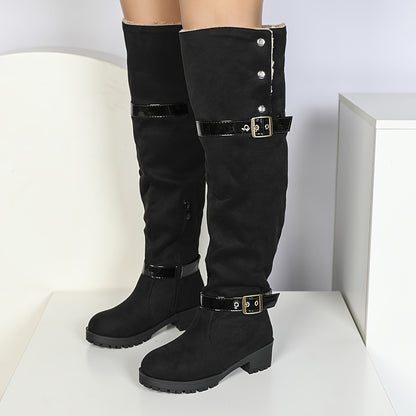 Women's Over-the-Knee Suede Western Boots, Classic Buckle Design, Thick Heel, Winter Boots, Fall/Winter 2024, Pull-on, Round Toe, Shearling Lined