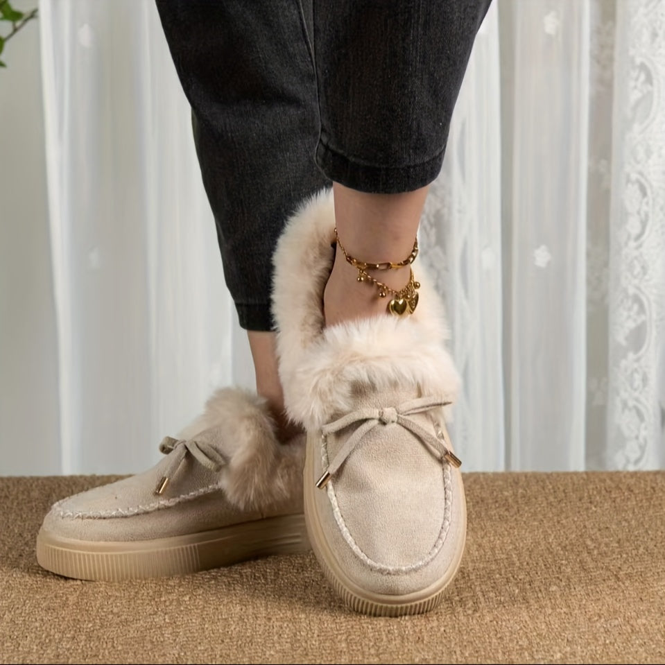 1PC Fleece Lined Snow Boots for Women, Short Flat and Warm Winter Boots with Smooth Color Laces