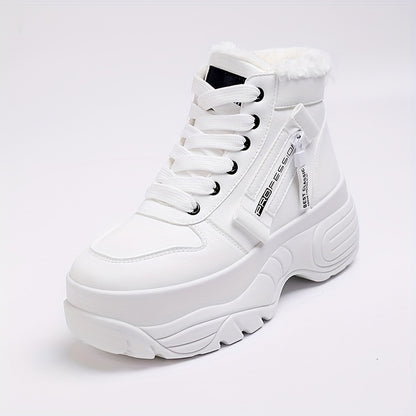 Women's Cozy Fleece-Lined High-Top Sneakers - Warm, Thick Sole, Lace-Up Winter Boots in Solid Color