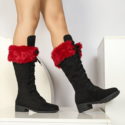 [Boots For Women] Warm Winter Footwear - Women's Winter Boots, Thick Platform Heel, Slip-Resistant Rubber Sole, Lace-Up Ankle Boots for Cold Weather, Motorcycle Riding, Everyday & Formal Events - Red/Black - Seasonal Fashion,