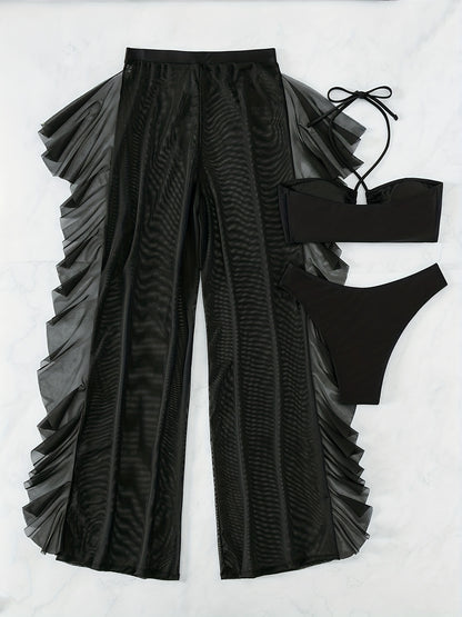 Pure Black Sexy Semi-Sheer Fashion Ruched Crisscross Strap Mesh Panty Bikini Set for Women