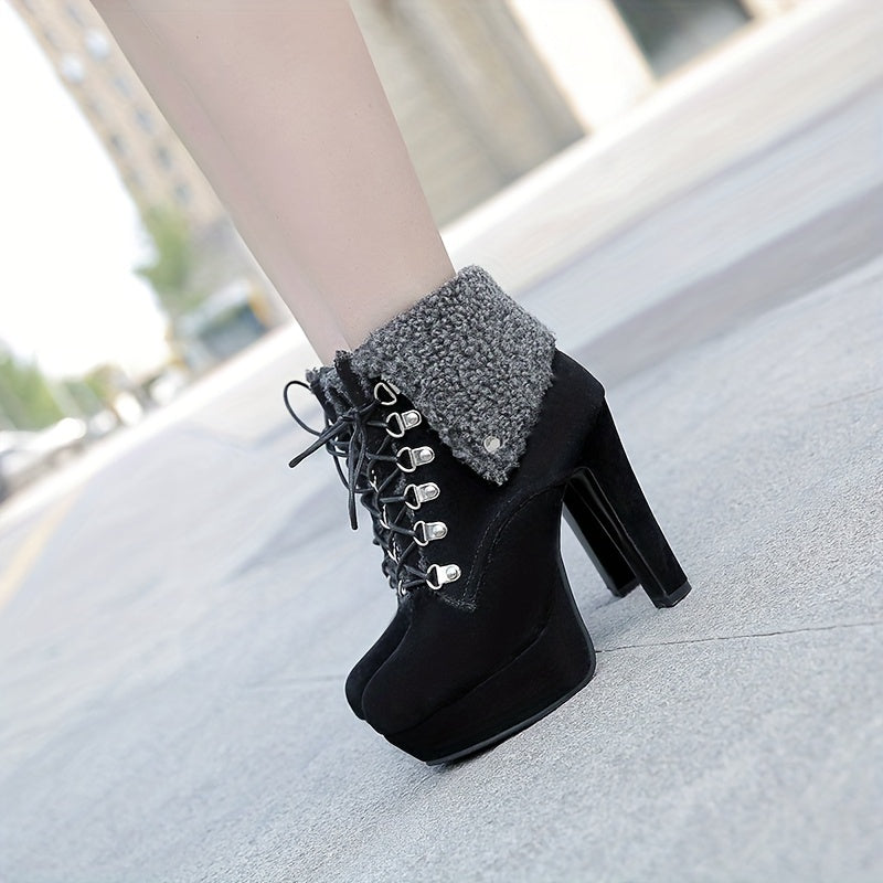 [Lined Ankle Boots] Women'S Sexy faux fur Lined Ankle Boots, Round Toe Block Heel High Heels, All-Season Riding Boots with Lace-Up Closure, Solid Color Fabric Upper, Rubber Sole, Warm Fleece-Lined for Winter Boots