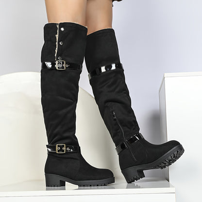 Women's Over-the-Knee Suede Western Boots, Classic Buckle Design, Thick Heel, Winter Boots, Fall/Winter 2024, Pull-on, Round Toe, Shearling Lined