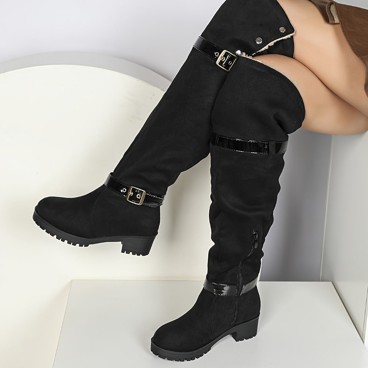 Women's Over-the-Knee Suede Western Boots, Classic Buckle Design, Thick Heel, Winter Boots, Fall/Winter 2024, Pull-on, Round Toe, Shearling Lined