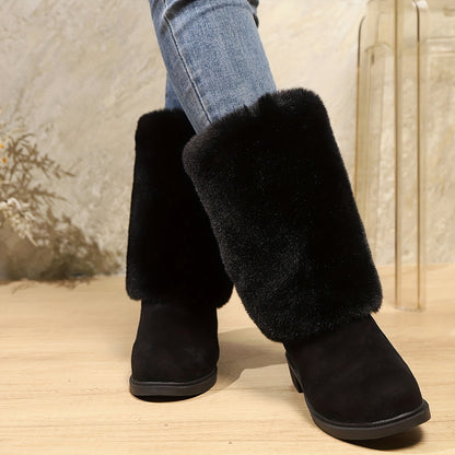 Women'S Plush Winter Boots - Soft Warm Slip-On Mid-Heel Round Toe with Plush & TPR Sole, All-Season Cozy BrownRedOrange - Slip-Resistant, Winter Boots, Seasonal Footwear, Comfortable Footwear