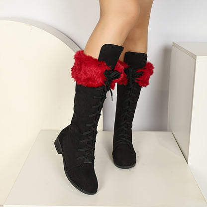 [Boots For Women] Warm Winter Footwear - Women's Winter Boots, Thick Platform Heel, Slip-Resistant Rubber Sole, Lace-Up Ankle Boots for Cold Weather, Motorcycle Riding, Everyday & Formal Events - Red/Black - Seasonal Fashion,