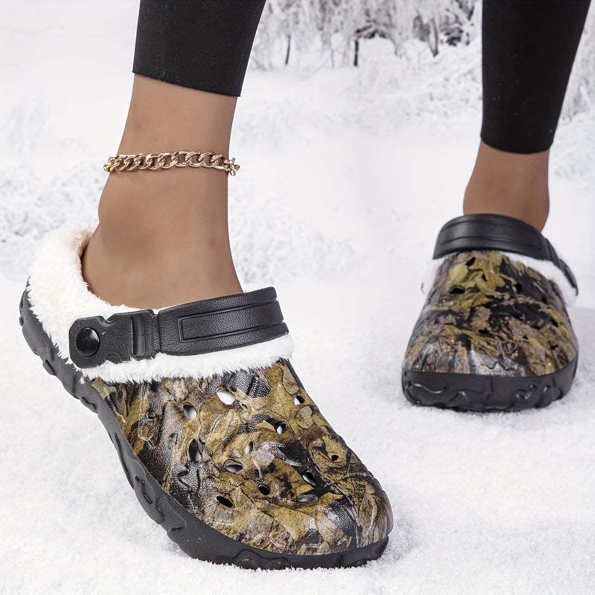 Stylish Winter Women's Camouflage Clogs with Cozy Fur Lining - Lightweight, Thick Sole EVA Casual Shoes, Easy to Clean, Perfect for Cold Weather, Winter Boots
