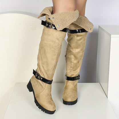 Women's Over-the-Knee Suede Western Boots, Classic Buckle Design, Thick Heel, Winter Boots, Fall/Winter 2024, Pull-on, Round Toe, Shearling Lined