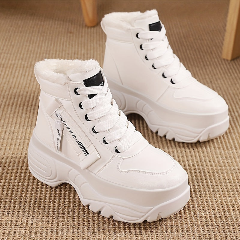 Women's Cozy Fleece-Lined High-Top Sneakers - Warm, Thick Sole, Lace-Up Winter Boots in Solid Color