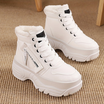 Women's Cozy Fleece-Lined High-Top Sneakers - Warm, Thick Sole, Lace-Up Winter Boots in Solid Color