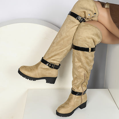 Women's Over-the-Knee Suede Western Boots, Classic Buckle Design, Thick Heel, Winter Boots, Fall/Winter 2024, Pull-on, Round Toe, Shearling Lined