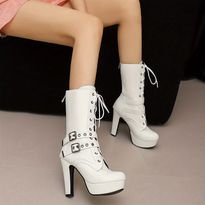 Women's Sexy Platform Ankle Boots with Chunky Heel - Lace-Up Chunky Heel Winter Boots, Faux Cover Upper & Rubber Sole, Round Toe Casual Chic for Casual Attire (Black), High Heel Boots