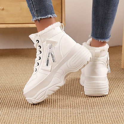 Women's Cozy Fleece-Lined High-Top Sneakers - Warm, Thick Sole, Lace-Up Winter Boots in Solid Color