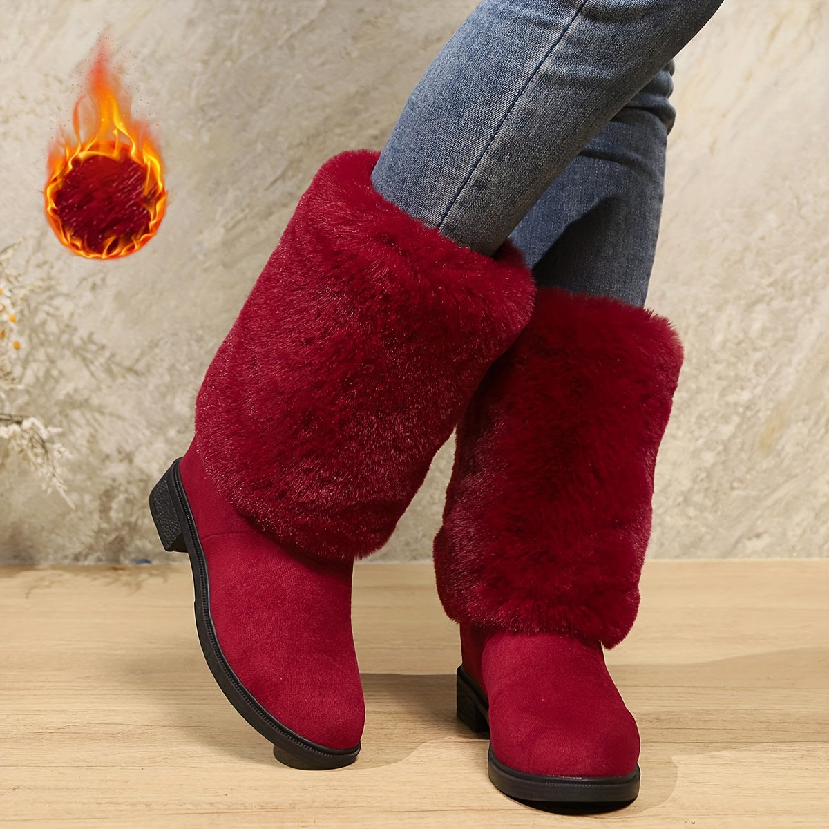 Women'S Plush Winter Boots - Soft Warm Slip-On Mid-Heel Round Toe with Plush & TPR Sole, All-Season Cozy BrownRedOrange - Slip-Resistant, Winter Boots, Seasonal Footwear, Comfortable Footwear