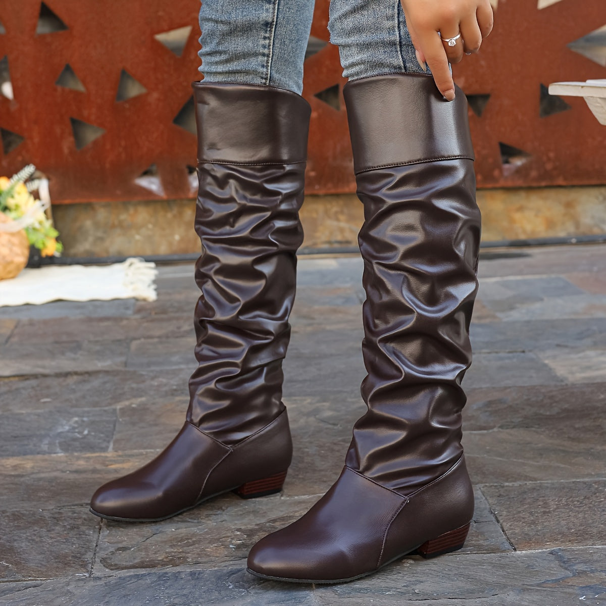 Stylish Women's Slouchy Boots - Pull-On, Chunky Heel, Round Toe, High Knee, Solid Color, Winter Boots - Comfortable, Trendy, and Warm