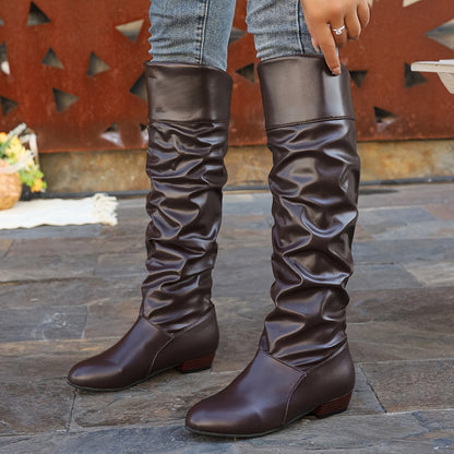 Stylish Women's Slouchy Boots - Pull-On, Chunky Heel, Round Toe, High Knee, Solid Color, Winter Boots - Comfortable, Trendy, and Warm