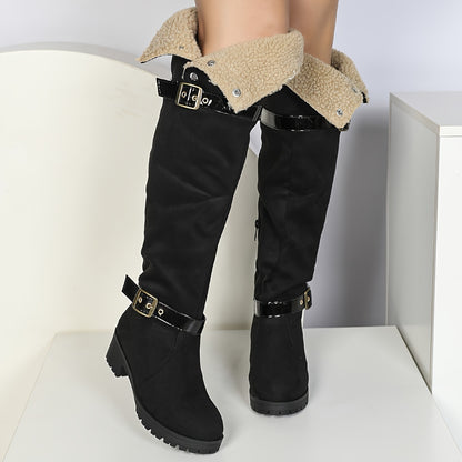 Women's Over-the-Knee Suede Western Boots, Classic Buckle Design, Thick Heel, Winter Boots, Fall/Winter 2024, Pull-on, Round Toe, Shearling Lined