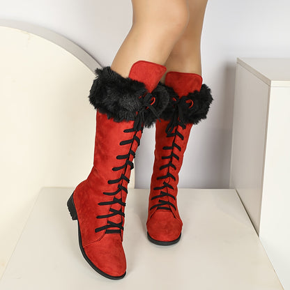 [Boots For Women] Warm Winter Footwear - Women's Winter Boots, Thick Platform Heel, Slip-Resistant Rubber Sole, Lace-Up Ankle Boots for Cold Weather, Motorcycle Riding, Everyday & Formal Events - Red/Black - Seasonal Fashion,