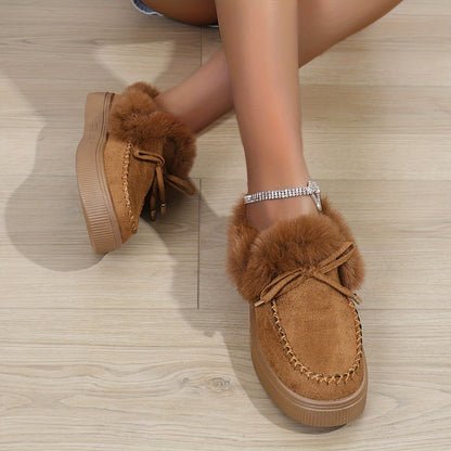 1PC Fleece Lined Snow Boots for Women, Short Flat and Warm Winter Boots with Smooth Color Laces