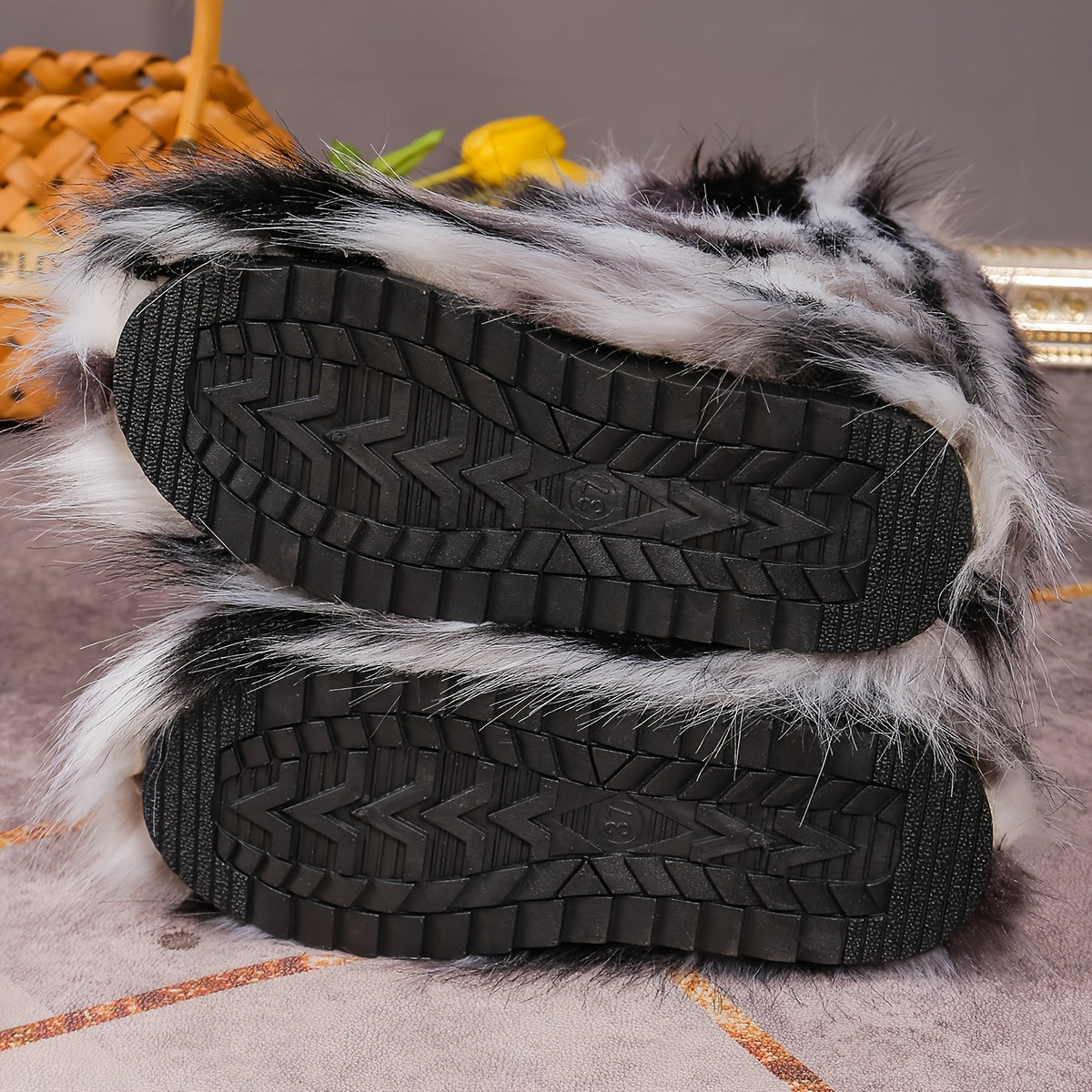 Chic Faux Fox Fur Winter Snow Boots for Women - Cozy Slip-On, Flat Heel, Round Toe with Soft Velvet Lining, Winter Boots