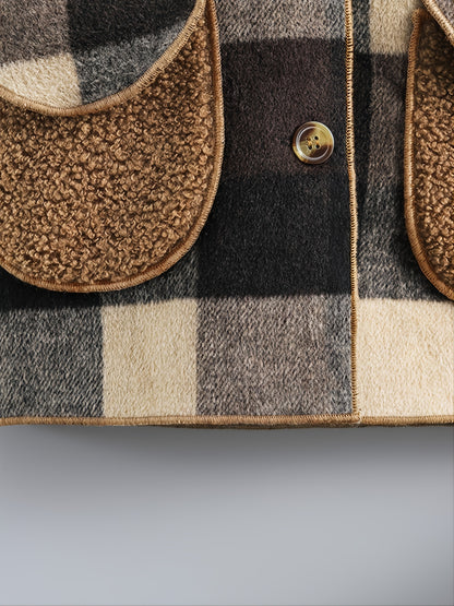 Boys' Long Sleeve Plaid Fleece-Lined Jacket with Button Front & Pockets - Cozy Fall/Winter Warmth, Casual Cardigan Collar, Brown/ Tartan Pattern, Machine Washable For Outdoor Play & Casual Attire, Winter Jacket For Boys, Fall