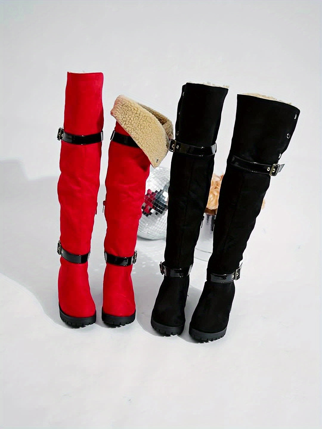 Women's Over-the-Knee Suede Western Boots, Classic Buckle Design, Thick Heel, Winter Boots, Fall/Winter 2024, Pull-on, Round Toe, Shearling Lined