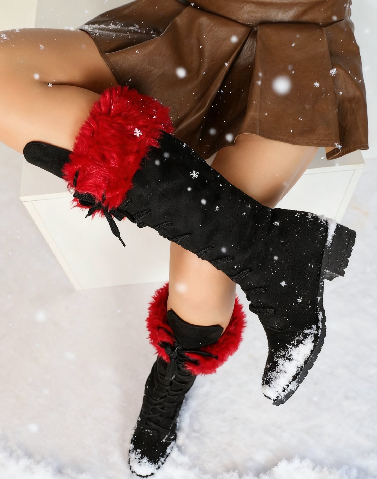 [Boots For Women] Warm Winter Footwear - Women's Winter Boots, Thick Platform Heel, Slip-Resistant Rubber Sole, Lace-Up Ankle Boots for Cold Weather, Motorcycle Riding, Everyday & Formal Events - Red/Black - Seasonal Fashion,