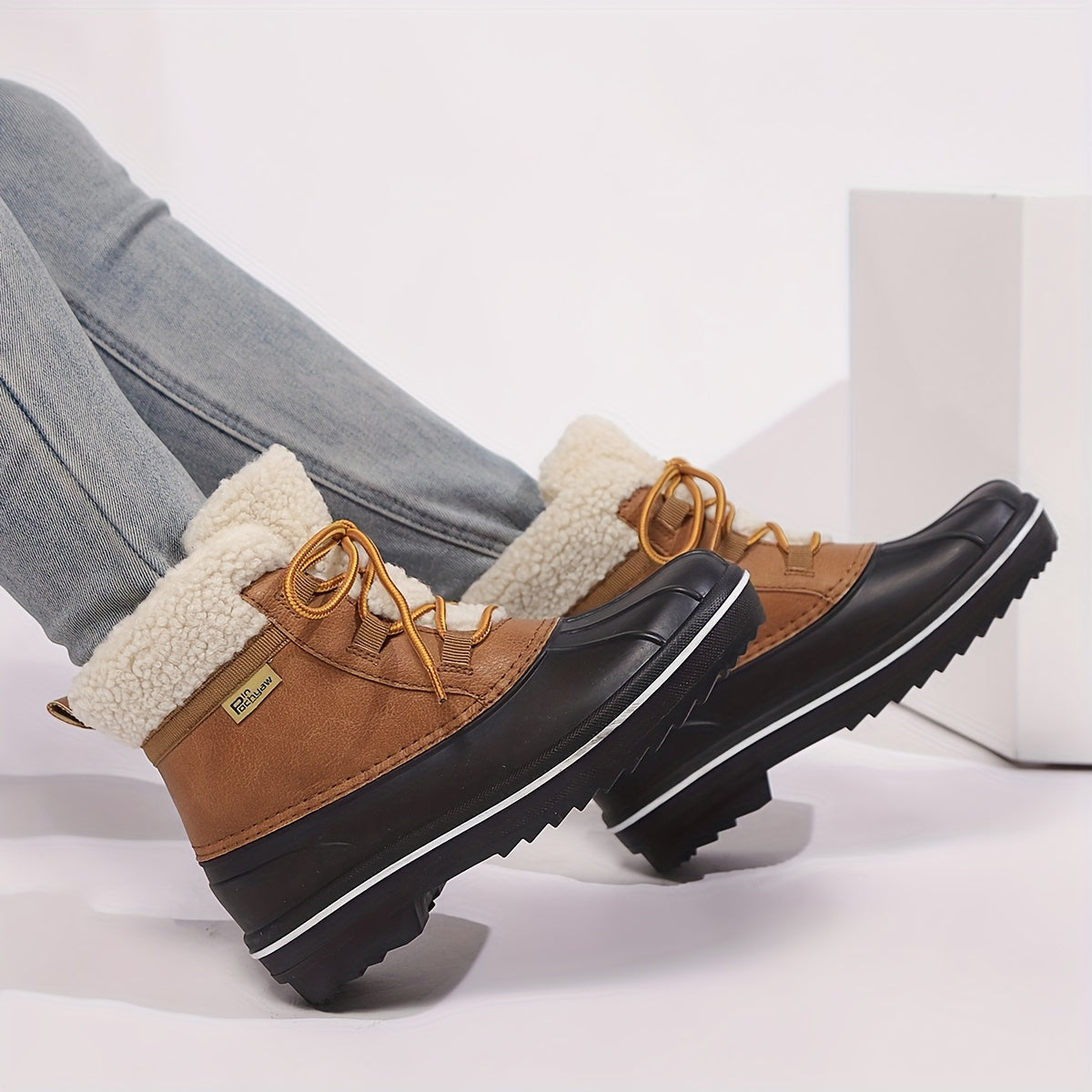 Women'S Winter Warm Snow Boots - PU Cover with Thick TPR Sole, Lace-Up Ankle Support & Plush Faux Lining, Black & Brown Design for Cold Weather Traction & Comfort, Winter Boots, Cold Weather Footwear, Sleek Boot Design, Durab