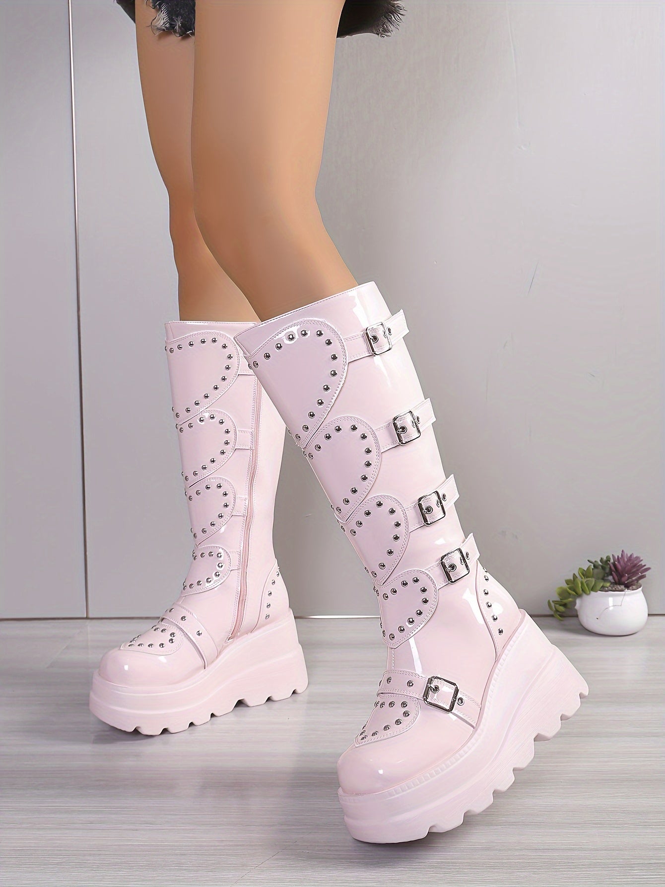 Women's Fashionable Winter Boots - Plush Lined, Thick Sole Wedge Heel, Knee-High with Side Zipper & Metal Buckle Detail, Lightweight Round Toe in Black or Pink