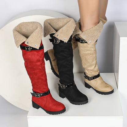 Women's Over-the-Knee Suede Western Boots, Classic Buckle Design, Thick Heel, Winter Boots, Fall/Winter 2024, Pull-on, Round Toe, Shearling Lined