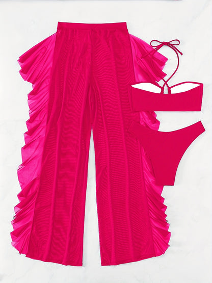 Pure Black Sexy Semi-Sheer Fashion Ruched Crisscross Strap Mesh Panty Bikini Set for Women