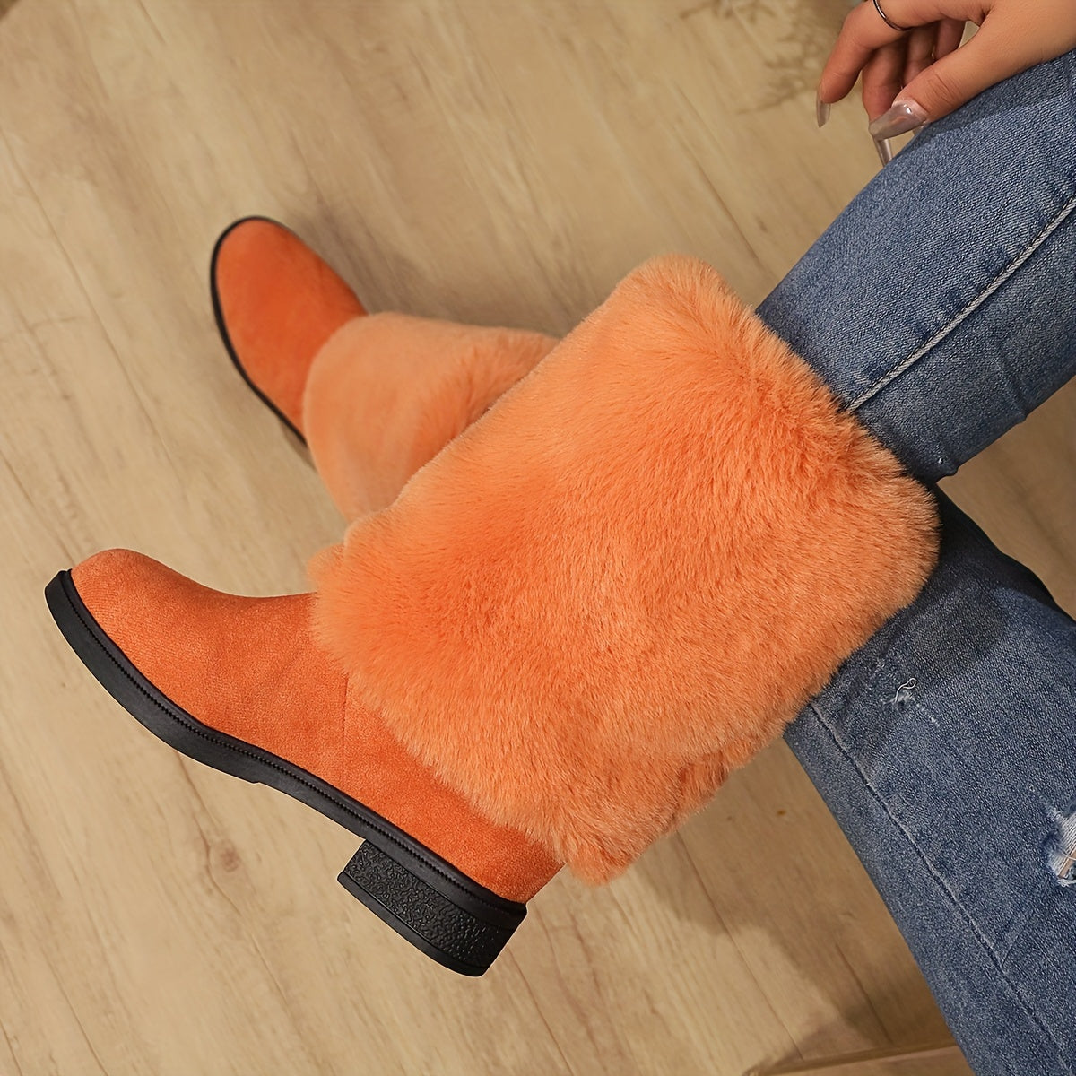 Women'S Plush Winter Boots - Soft Warm Slip-On Mid-Heel Round Toe with Plush & TPR Sole, All-Season Cozy BrownRedOrange - Slip-Resistant, Winter Boots, Seasonal Footwear, Comfortable Footwear