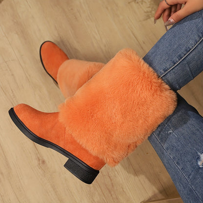 Women'S Plush Winter Boots - Soft Warm Slip-On Mid-Heel Round Toe with Plush & TPR Sole, All-Season Cozy BrownRedOrange - Slip-Resistant, Winter Boots, Seasonal Footwear, Comfortable Footwear