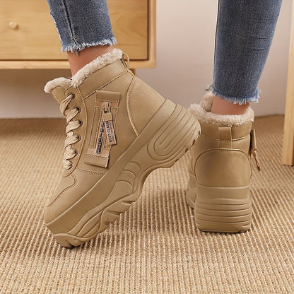 Women's Cozy Fleece-Lined High-Top Sneakers - Warm, Thick Sole, Lace-Up Winter Boots in Solid Color
