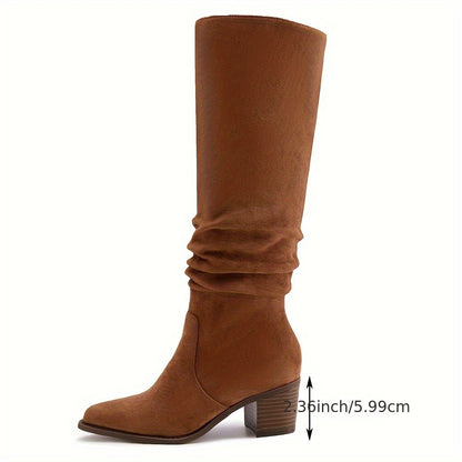 Womens Faux Suede Knee High Side Zipper Chunky Heel Stretch Winter Boots Pointed Toe Side Zipper Boots