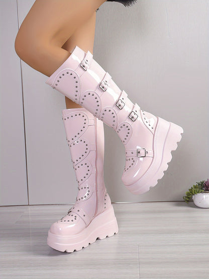 Women's Fashionable Winter Boots - Plush Lined, Thick Sole Wedge Heel, Knee-High with Side Zipper & Metal Buckle Detail, Lightweight Round Toe in Black or Pink