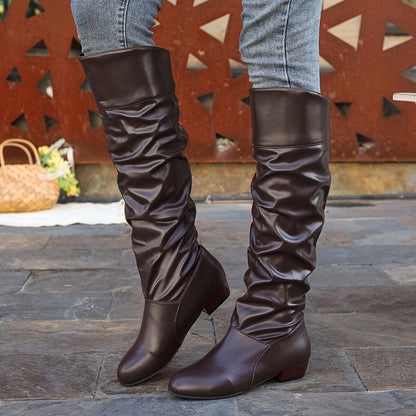 Stylish Women's Slouchy Boots - Pull-On, Chunky Heel, Round Toe, High Knee, Solid Color, Winter Boots - Comfortable, Trendy, and Warm