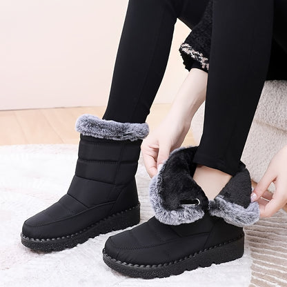 Mid-Calf Height Women's Winter Boots - Waterproof, Insulated, Thick Sole, Faux Fur Lined, Anti-Slip, Comfortable, Warm, Closed-Toe, Magic Tape Closure, Black