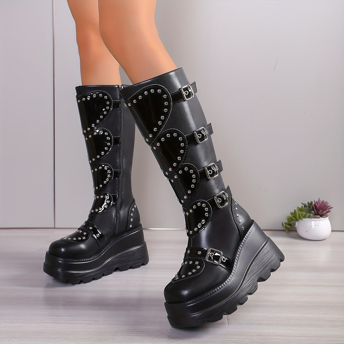 Women's Fashionable Winter Boots - Plush Lined, Thick Sole Wedge Heel, Knee-High with Side Zipper & Metal Buckle Detail, Lightweight Round Toe in Black or Pink