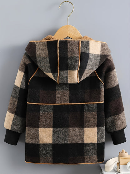 Boys' Long Sleeve Plaid Fleece-Lined Jacket with Button Front & Pockets - Cozy Fall/Winter Warmth, Casual Cardigan Collar, Brown/ Tartan Pattern, Machine Washable For Outdoor Play & Casual Attire, Winter Jacket For Boys, Fall