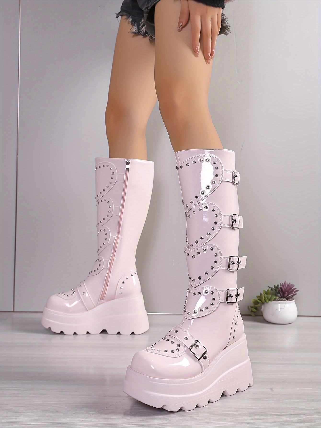 Women's Fashionable Winter Boots - Plush Lined, Thick Sole Wedge Heel, Knee-High with Side Zipper & Metal Buckle Detail, Lightweight Round Toe in Black or Pink