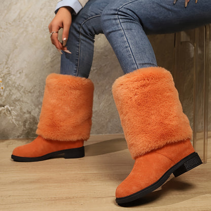 Women'S Plush Winter Boots - Soft Warm Slip-On Mid-Heel Round Toe with Plush & TPR Sole, All-Season Cozy BrownRedOrange - Slip-Resistant, Winter Boots, Seasonal Footwear, Comfortable Footwear