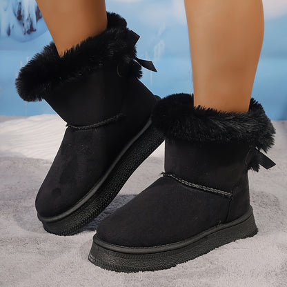 Cozy Faux Fur Bowknot Over-the-Knee Winter Boots - Ankle & Bootie - Thick Heel, Warm, Fluffy, and Chic Design for Cold Weather - Perfect for Outdoor Activities