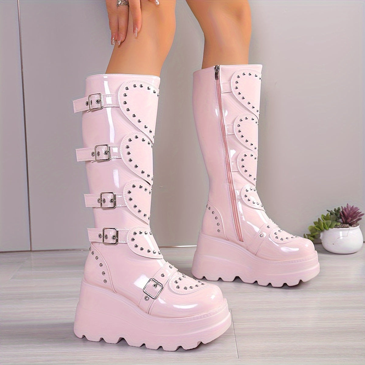 Women's Fashionable Winter Boots - Plush Lined, Thick Sole Wedge Heel, Knee-High with Side Zipper & Metal Buckle Detail, Lightweight Round Toe in Black or Pink