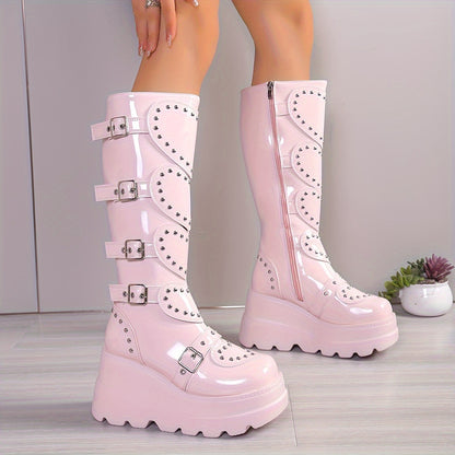 Women's Fashionable Winter Boots - Plush Lined, Thick Sole Wedge Heel, Knee-High with Side Zipper & Metal Buckle Detail, Lightweight Round Toe in Black or Pink